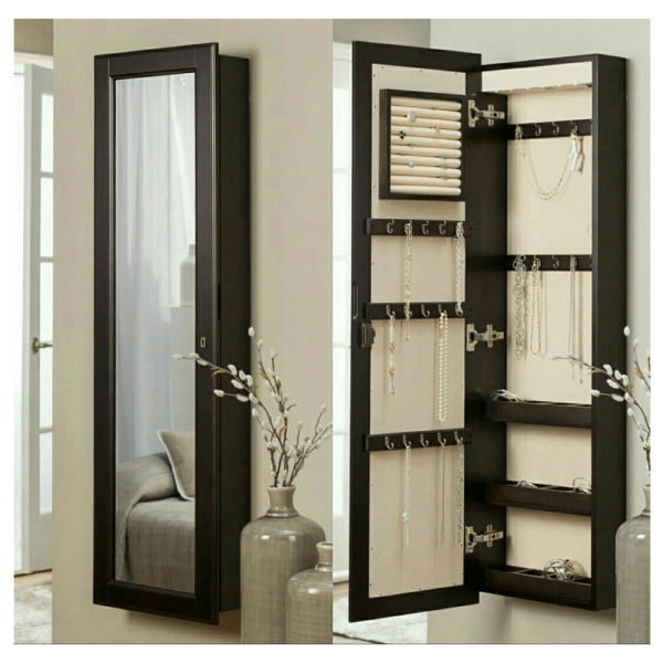 Wooden Hanging Accessories Wardrobe - Quilted and Mirrored Accessories Wardrobe - Brown
